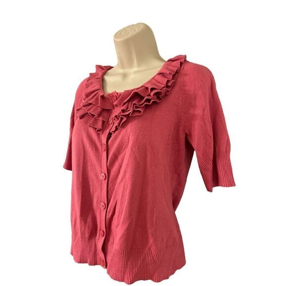Worthington Women's Graceful Rose Ruffle Neck Cardigan Size Petite Medium - Picture 2 of 9